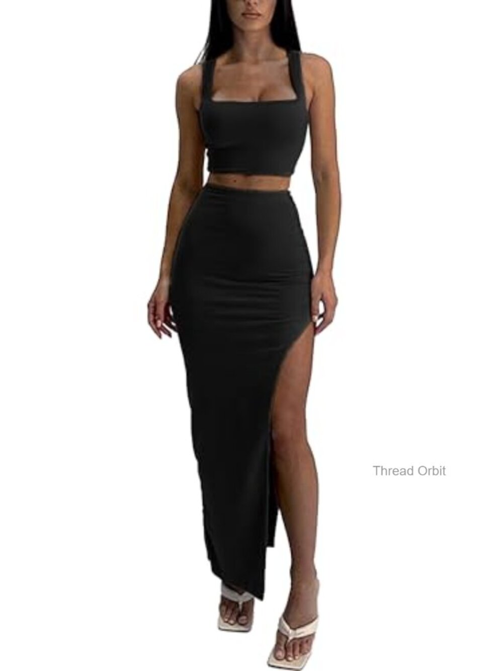 Two Piece Skirt Set Women's Sleeveless Square Neck Top Maxi Skirt Side Slit